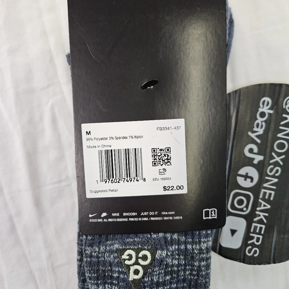 Nike ACG Outdoor Cushioned Crew Socks Blue FB3341-437 Men's Size Medium